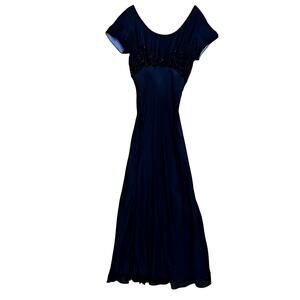 Vintage Y2K Evening Gown Womens L Black Beaded Cap Sleeves Dark Romantic